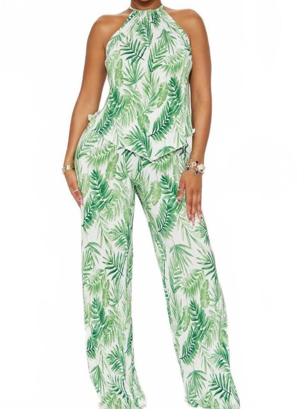 Addie Tropical Plisse Pant Set - Green/combo Sz M